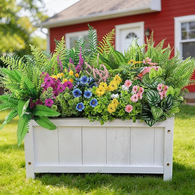 Alupssuc 48Pcs Artificial Flowers and Plants,UV Resistant & No Fade Fake Plastic Greenery Shrubs for Home Garden, Pathway, Front Porch-Spring Summer Decor, Indoor/Outdoor Use,Pink Purple Yellow Blue
