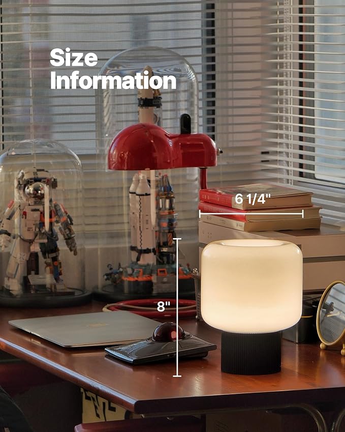 MAGCHARM Halo Mushroom Lamp, 5W Cute Cordless Rechargeable Table Lamp with Glass Shade, 3 Color Temps LED Dimmable Ambient Lighting, Small Retro Touch Bedside Light for Bedroom Decor, Black