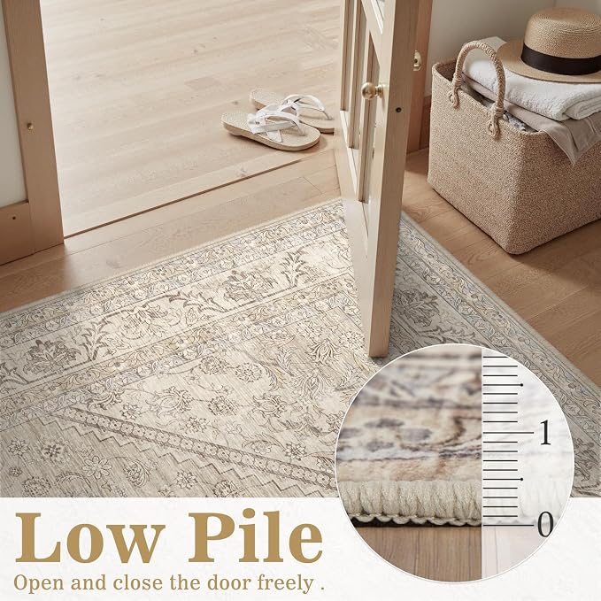 DCX Machine Washable Brown and Beige Area Rug 8x10, Non Slip Stain Resistant Vintage Floral Rug for Living Room Bedroom Nursery, Soft Low Pile Large Carpet