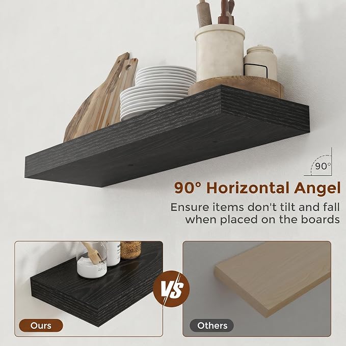 Heimlove 28 Inch Floating Shelves for Wall Black Shelves Set of 2,Wall Mounted Rustic Wood 8 Inch Deep Floating Shelf with Invisible Brackets for Bedroom Kitchen Living Room