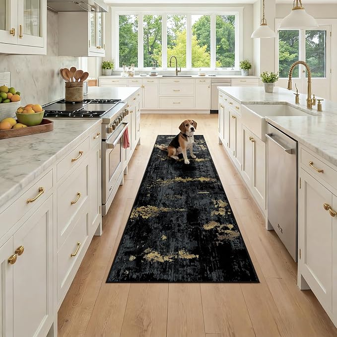 RELEANY Washable Area Rugs 2x7 Non-Slip Modern Abstract Soft for Living Room Entryway Bedroom Nursery, Print Pattern, Dark Black Gold