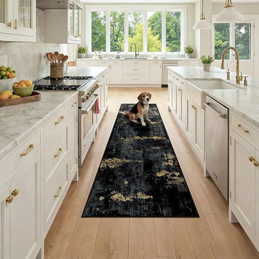 RELEANY Washable Area Rugs 2x7 Non-Slip Modern Abstract Soft for Living Room Entryway Bedroom Nursery, Print Pattern, Dark Black Gold