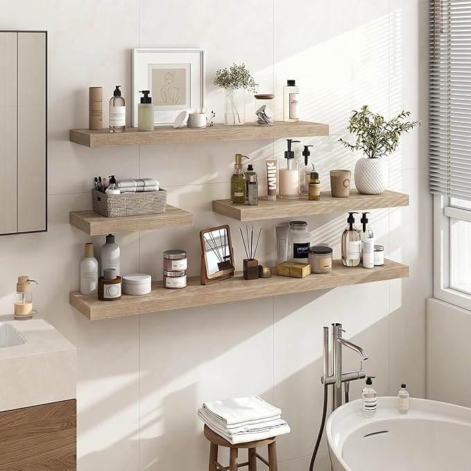 Acovy 72 Inch Floating Shelves, 3D Textured Wood Grain, 72"x9.25"x1.5" Inch Deep Floating Shelves for Wall, Wooden Shelves for Bathroom, Bedroom, Living Room, Vintage White Oak, 1 Piece