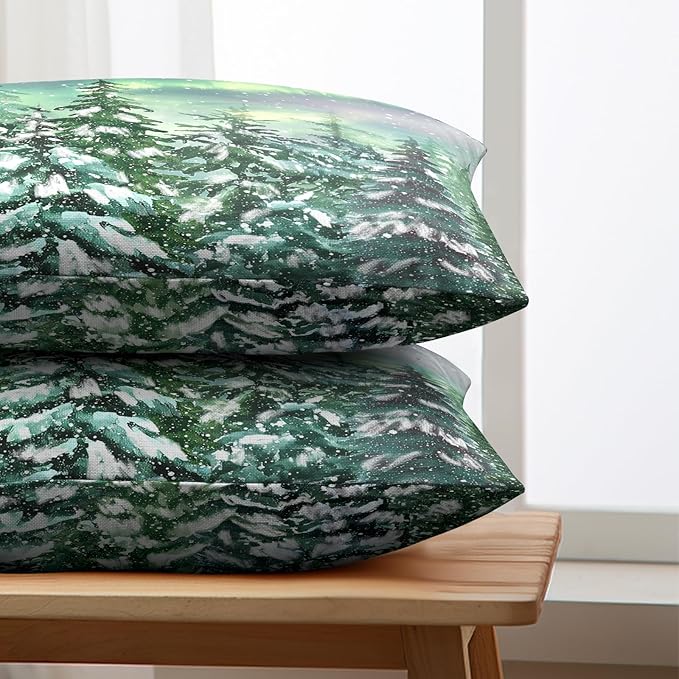 Winter Aurora Lumbar Pillow Covers 12x20 Set of 2 Snowy Pine Tree Throw Pillow Covers Green Polar Light Forest Pillow Case Rectangular Cushion Case for Home Decor Couch Sofa