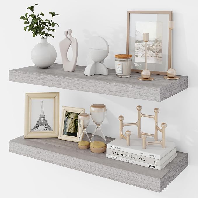 Acovy 24 Inch Floating Shelves, 9.3" Deep Floating Shelf Wall Mounted, 24" Wall Shelves, Rustic Deep Bookshelf, Large Display Shelves & Storage Shelves for Bedroom, Living Room, Gray, Set of 2