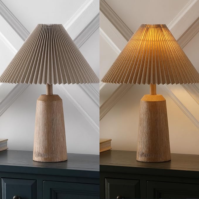 JONATHAN Y 20.5" Beige Wood Finish Resin Cylinder Table Lamp Modern Rustic Scandinavian Bedside Lamp for Living Room Bedroom with Black Pleated Empire Shade LED Bulb Included JYL1146A