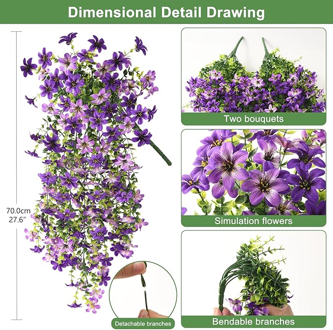 ZFProcess Artificial Hanging Flowers Plants for Outdoor Spring Summer Decoration, 2PCS Faux Silk Daisy UV Resistant Look Real for Outside Home Indoor Planter Porch Garden Yard Decor(Dark Orchid)