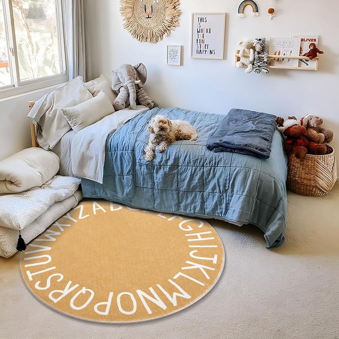 Topotdor Round Kids Play Rug Alphabet Nursery Area Rug Extra Large Soft Crawling Play Mat for Children Toddlers Bedroom (71 inch, Brown)