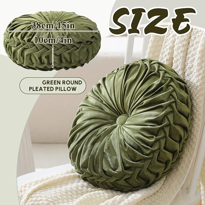 Drydiet 1 Pcs Round Throw Velvet Pillows Decorative Pleated Throw Pillows Diameter Accent Pumpkin Boho Chair Cushion for Couch Sofa Home Decoration (Dark Olive Green,15'')