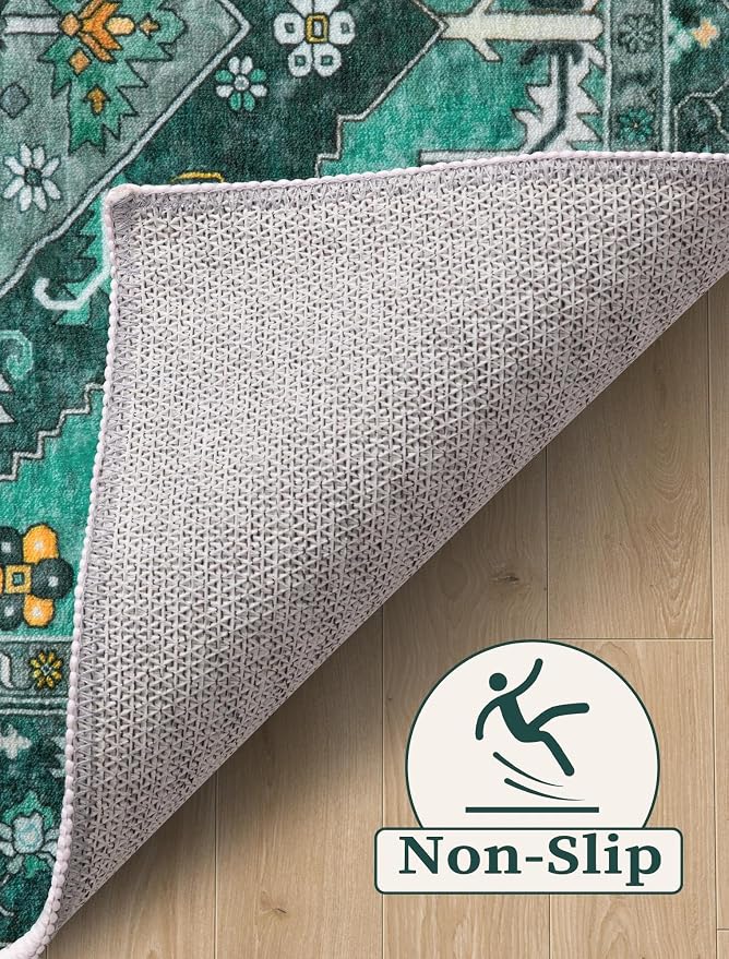 SERISSA Runner Rug for Hallways, 2'6"x16' Washable Non Slip Kitchen Runner Rug, Extra Long Boho Rug Ultra Soft Vintage Teal Print Floor Carpet for Bedroom Hallway Entryway Bathroom Laundry Room