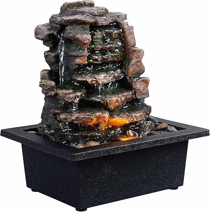 GOSSI Home Décor Waterfall Meditation Fountain Indoor Tabletop Many Natural River Rocks Decorated Office Home Tabletop Fountion with LED Lights Christmas Decorations