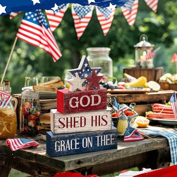 CroBlissful 4 Pcs 4th of July Decorations Patriotic Memorial Day Tabletop Decorations Red White Blue Table Centerpieces Sign for Office Tiered Tray Home Shelf 250th Anniversary(God)
