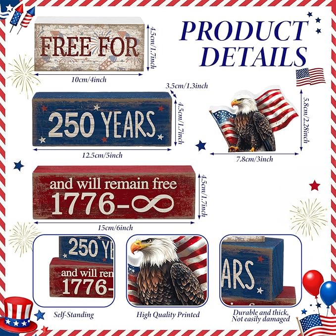 CroBlissful 4 Pcs 250th Anniversary 4th of July Decorations Patriotic Memorial Day Tabletop Decorations America Eagle Red White Blue Table Centerpieces USA Sign for Office Tiered Tray Home Shelf