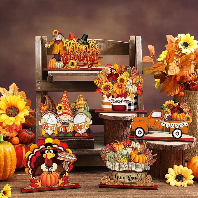 Cinnvoice 6 Pcs Thanksgiving Turkey Table Decorations Wooden Table Centerpieces Rustic Wood Tabletop Sign Decorations for Home Kitchen Office Farmhouse Desk Shelves Party Tiered Tray Decor
