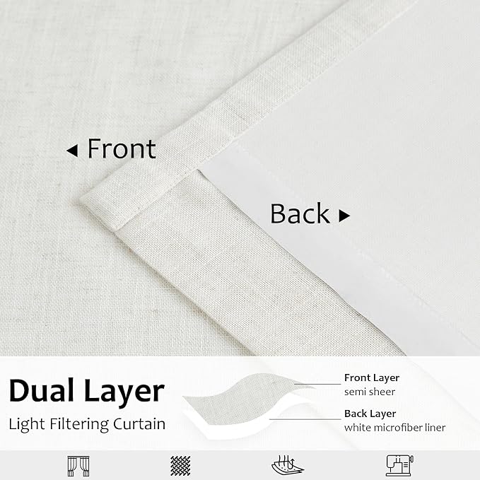 Central Park Natural Pinch Pleat Light Filtering Curtain with Microfiber Liner Linen Blended Textured Window Treatment Privacy Drape 108 Inch for Living Room Bedroom with Back Tabs Hooks, 40"Wx108"Lx2