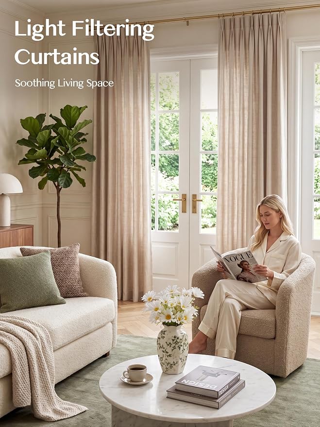 Liz Pinch Pleated Linen Curtains Light Filtering Curtains for Living Room, Farmhouse Window Curtains for Bedroom, Modern Drapes with Hooks and Rings, 102 Inches Long, Tapioca, 2 Panels Set