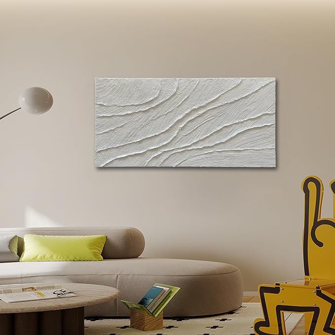 NANKAI Art Hand-Painted 24x48-inch White Texture Art Oil Painting, Modern Abstract Art, Large-Scale Home Wall Decoration