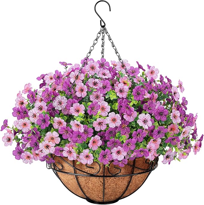 Artificial Fake Hanging Flowers Plants Basket Outdoors, Faux Silk UV Resistant Look Real Daisy Eucalyptus for Spring Summer Garden Porch Home Patio Balcony Yard Decorations, Pink Purple