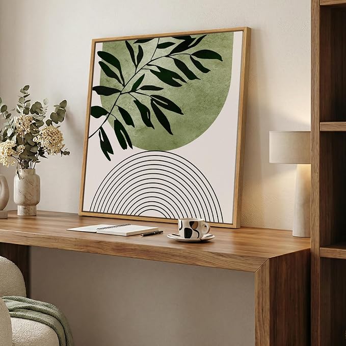 Framed Green Boho Botanical Wall Art, Sage Green Abstract Paintings Artwork for Walls, Modern Minimalist Geometric Line Square Pictures Wall Decor for Living Room Bedroom Bathroom Office, 24x24 In