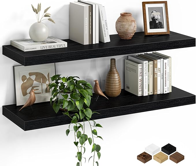 Fun Memories Floating Shelves for Wall, 30 Inch Set of 2 Rustic Wood Wall Shelves with Invisible Brackets, Heavy Duty Storage Display for Living Room Bedroom Kitchen, Black