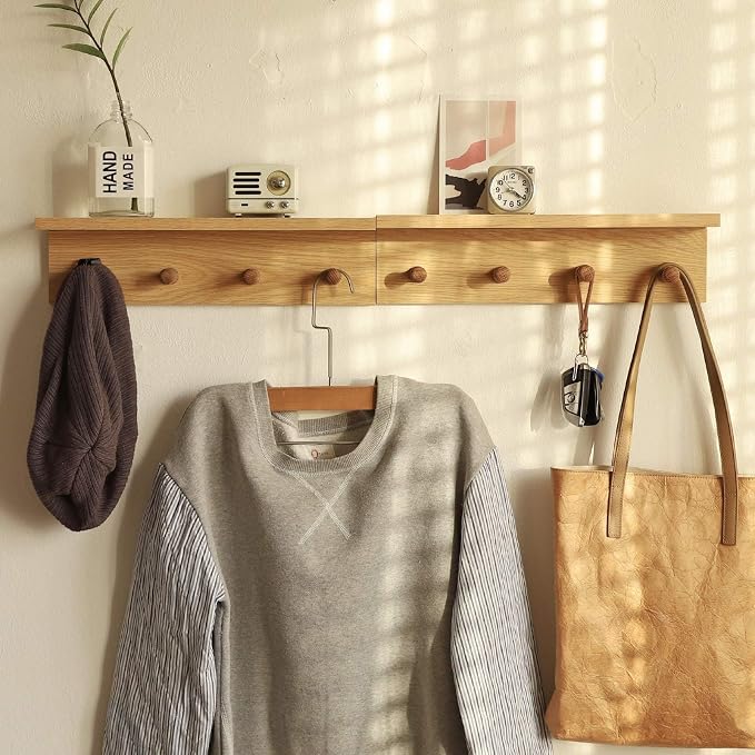 Small Entryway Shelf with Hooks, Wall Mounted Coat Rack with Shelf for Small Spaces, Wooden Floating Wall Organizer for Entryway, Mudroom, Nursery, Bathroom & Kitchen (Oak Finish)