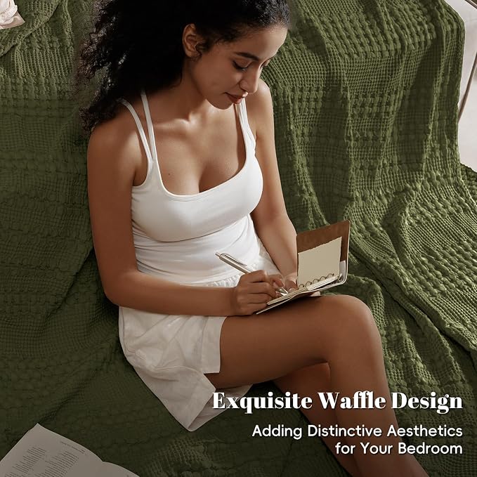 PHF 100% Cotton Waffle Blanket King Size for Bed, Lightweight Breathable and Soft for Summer, Luxury Aesthetic Waffle Weave Blanket for Home Decor & Gifts for Women, 108"x90", Capulet Olive