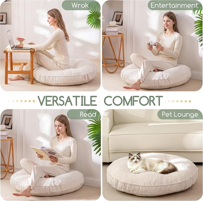 HIGOGOGO 35" Floor Pillow Cushion for Adults, Meditation Cushion Pillow, Extra Large Square Floor Sitting, Tufted Corduroy Cover for Tatami Living Room or Yoga, Beige