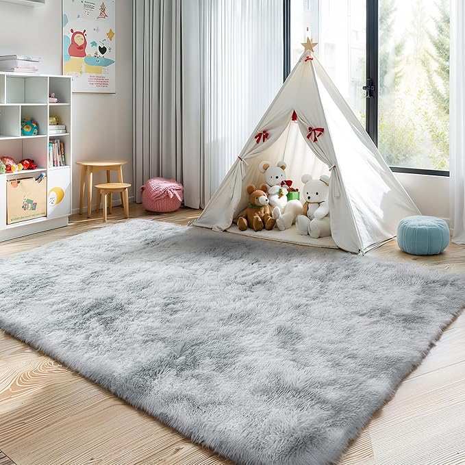 KICHOWUA 4x6 Light Grey Fluffy Shag Area Rug for Bedroom, Ultra Soft Fuzzy Plush Washable Carpet for Living Room, Modern Cozy Non Skid Furry Shaggy Rug for Kids Baby Boys Nursery Dorm,Tie-Dye Gray