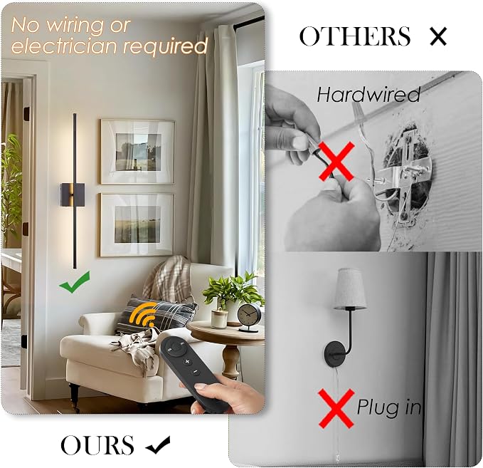 KARTOOSH 40.1 Inch Wall Sconces Battery Operated for Living Room Black | Rechargeable Wireless Wall Lamp Set of 2, 3000K Warm White Dimmable Wall Light Remote Control Indoor Lighting for Bedroom