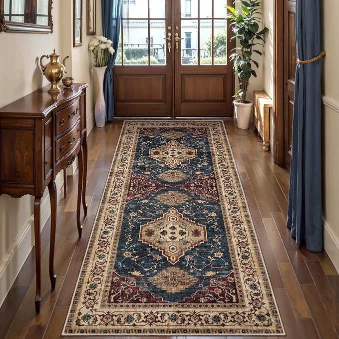Tangsoo Vintage 2x6 Washable Runner Rug for Hallways, Non Slip Hallway Rugs, Oriental Soft Low Pile Long Rug Carpet Runners for Kitchen Bedroom Entryway Bathroom Living Room Home Decor Dark Blue Beige