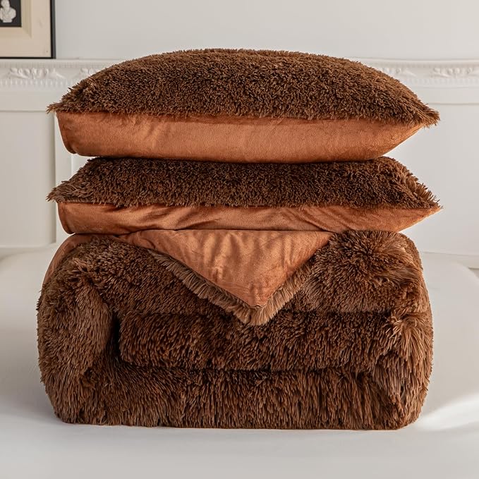chovy Faux Fur Plush Coffee Comforter Sets Twin/Full Size - Ultra Soft Shaggy Flannel Velvet Fluffy Fuzzy 3PC Bedding Set （Comforter x 1 Pillowcases x 2）