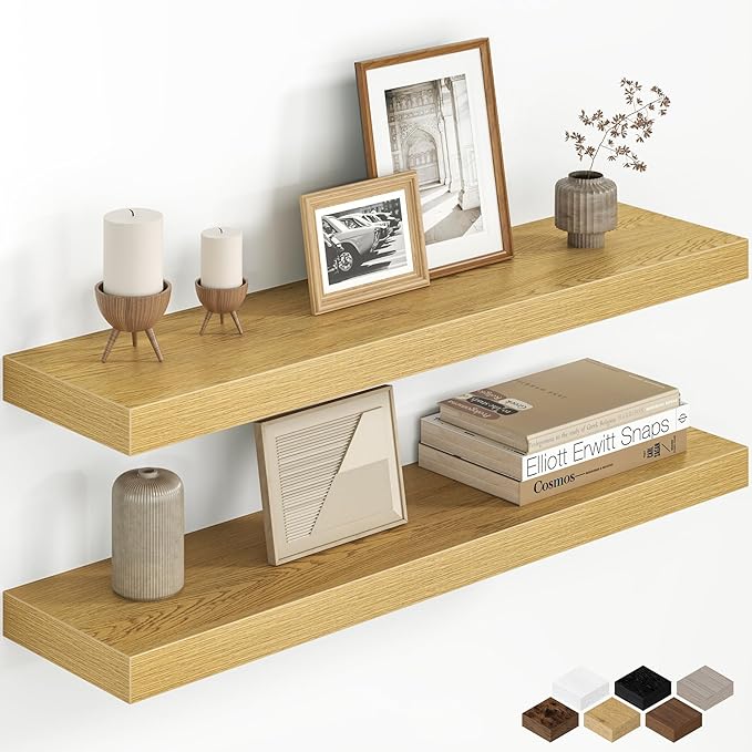 Fun Memories 32 Inch Floating Shelves for Wall, 8 Inch Deep Rustic Wood Floating Shelves Set of 2, Wall Mounted Hanging Shelf with Invisible Brackets for Bathroom, Bedroom, Kitchen, Living Room, Oak