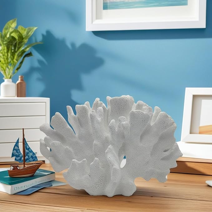 Etlemonde White Beach Coastal Fan Coral Decor Resin Statue - Faux Sea Coral Reef for Bathroom Shelf, Coffee Table, Nautical Minimalist Beach House Home Decor Accent