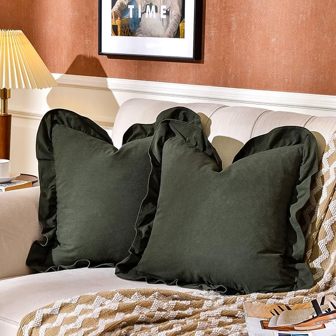 AmHoo Pack of 2 Throw Pillow Covers 100% Cotton Pre Washed Ruffle Decorative Pillowcase Cushion for Couch Sofa Bedroom 22 x 22-Inch Green