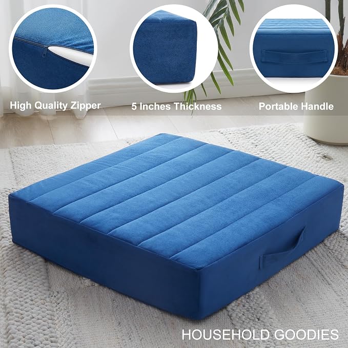 JKMAX 22 inches Floor Pillow for Adults - Large Meditation Cushion with Thick Foam & Soft Tufted Cover - Premium Outdoor Square Floor Cushion Seat - Yoga Pillows for Sitting On Floor - Navy Blue