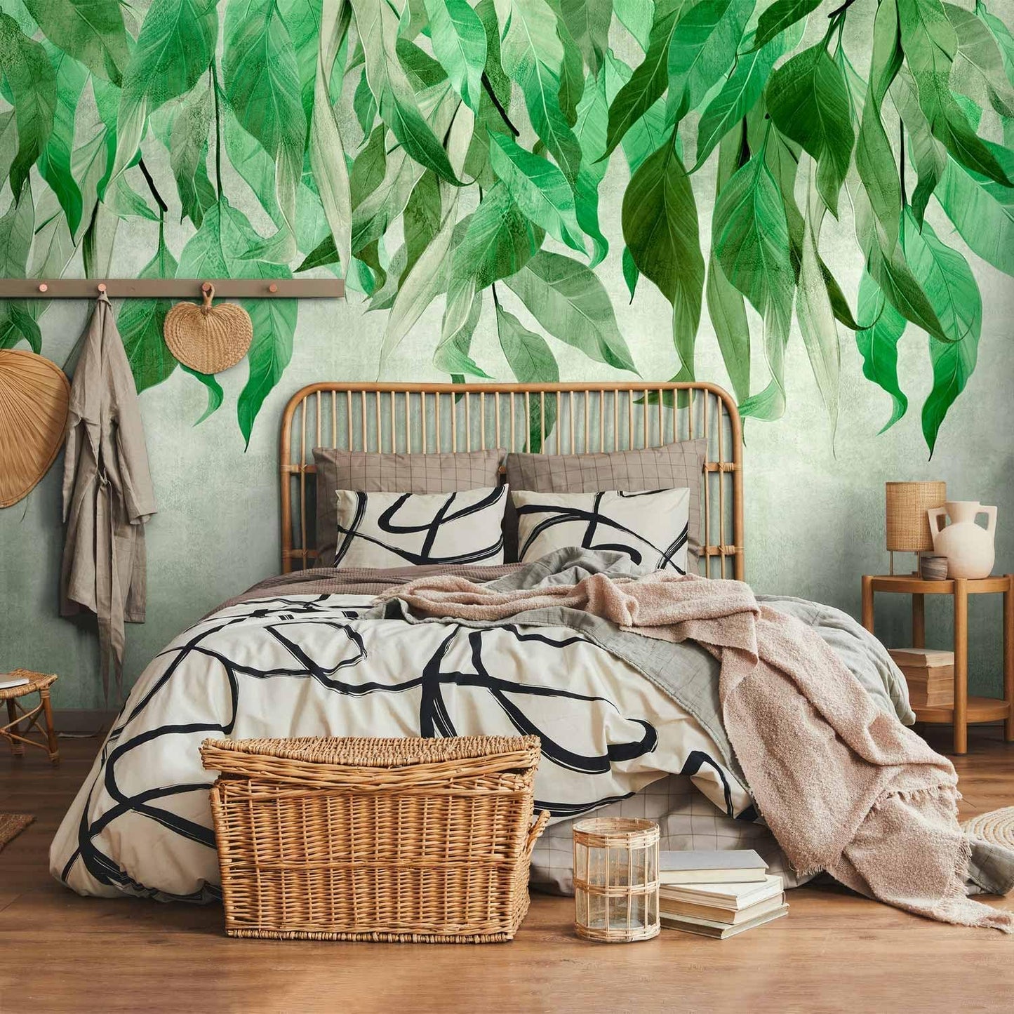 artgeist Wall Mural Hanging Leaves 96x69 in - Peel and Stick Self-Adhesive Wallpaper Removable Large Sticker Foil Wall Decor Print Picture Image Design Nature Botanical Concrete Green b-C-10146-a-a