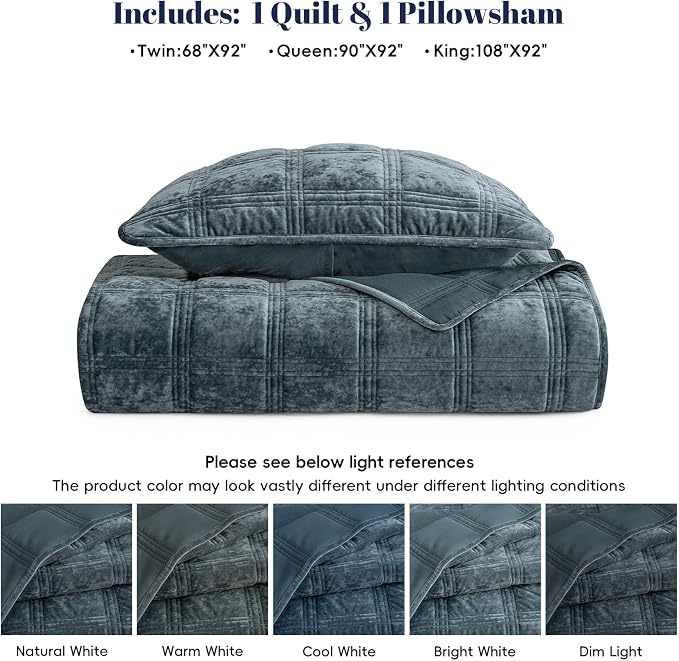PHF Ultra Soft Velvet Quilt Set Twin Size – 2PCS Luxurious Cozy Quilted Comforter Alternative with Diamond Pattern, Warm Quilted Bedspread Coverlet, 68" x 92", Stormy Blue