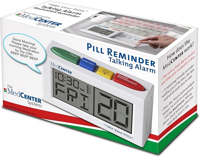 MEDCENTER Talking Alarm Clock HSA/FSA, Medication Pill Reminder Clock, Alarm Clock for Dementia, Hearing, Visually impaired Seniors-Digital Clock Ex Large White - Gift for Mom, Dad, Elderly, Seniors