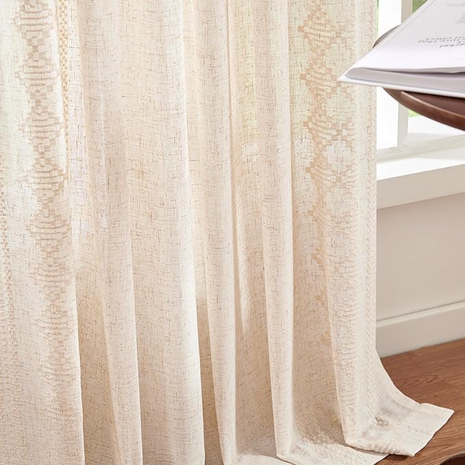 jinchan Boho Curtains Linen Blend Ivory Farmhouse Curtains 96 Inches Long for Living Room Square Embroidered Bordered Back Tab Bedroom Window Light Filtering Bohemian Drapes 2 Panels