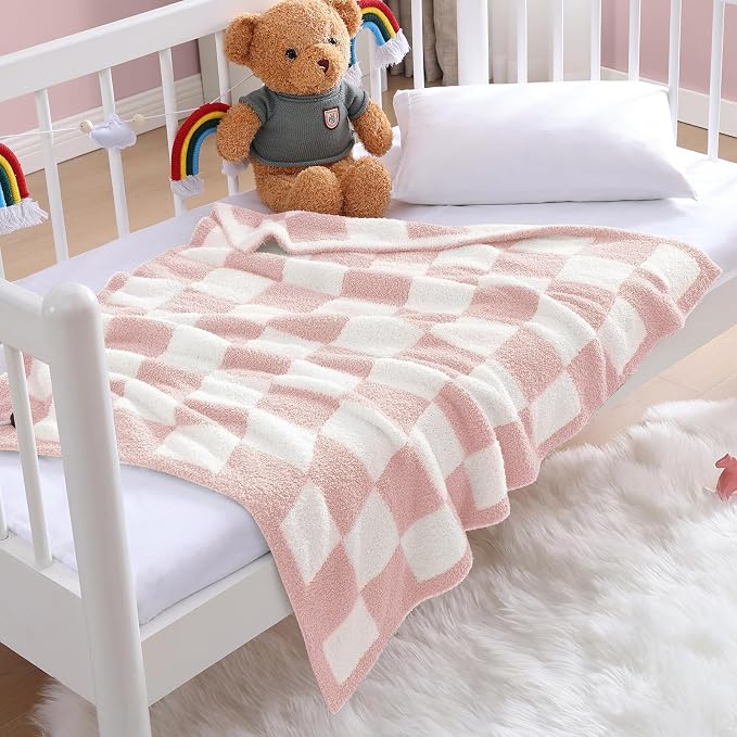 WRENSONGE Soft Checkered Throw Blanket for Couch-Cozy Warm Knitted Blankets | Lightweight Fluffy Decor for Boys & Girls, Sofa, Chair, Bed, 30x40in,Pink