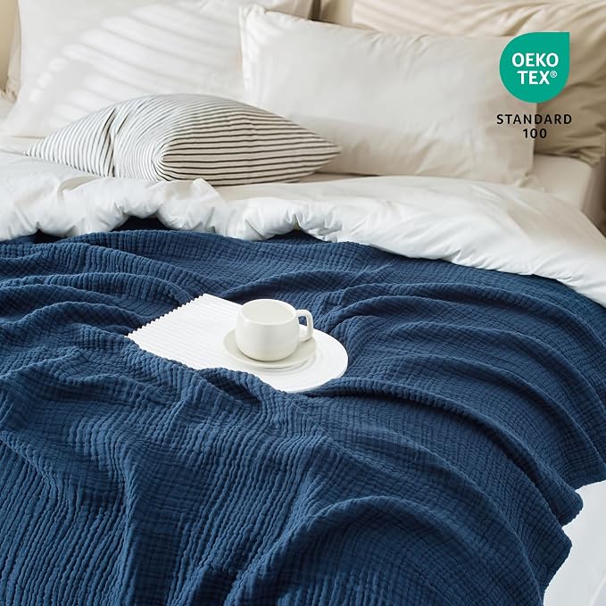 Carriediosa 100% Cotton Muslin Throw Blanket 90" X 90" Queen Size，4-Layers Summer Gauze Throws for Bed Couch，Soft Lightweight Breathable Linen Blankets Bedspread for Adults All Season，Navy Blue