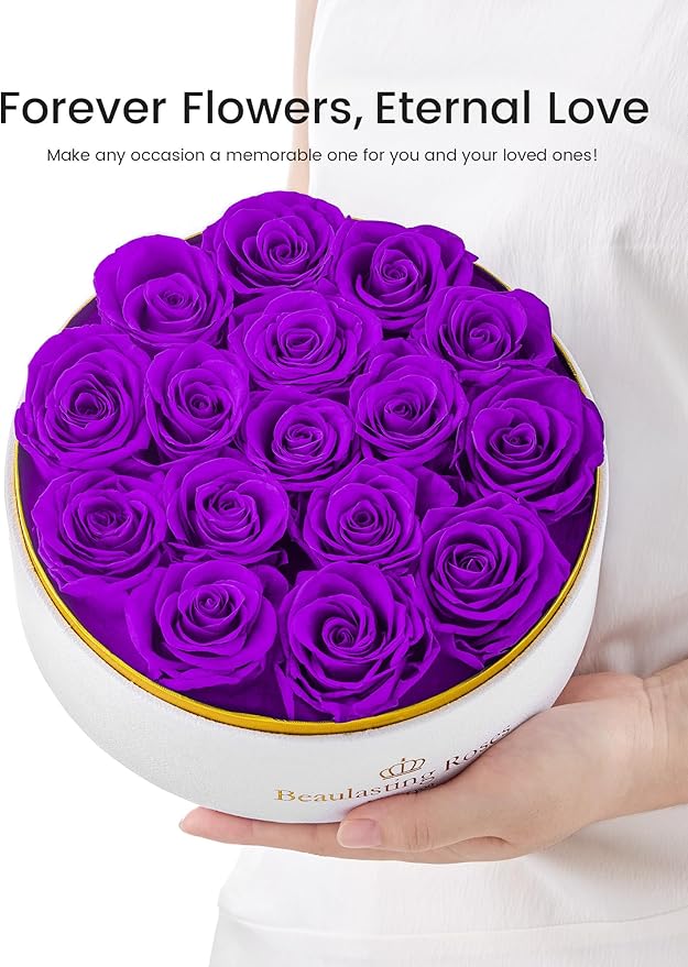 16 Preserved Roses Forever Flowers Real Roses in a Box Mother's Day Birthday Flowers for Her Mom Women Wife Valentine's Day, Purple Roses