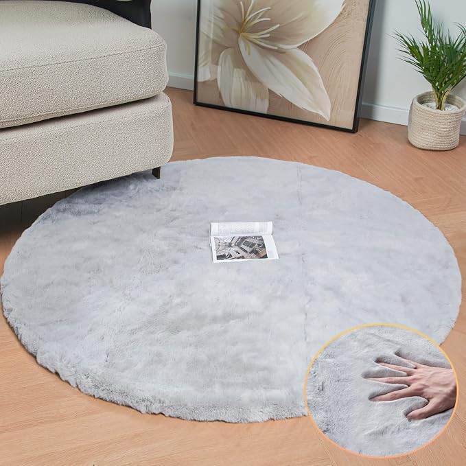 ORINOVA Grey Round Rug 3ft Machine Washable Shaggy Area Rugs for Living Room Faux Bunny Fluffy Fur Rug for Bedroom Small Circle Nursery Rug