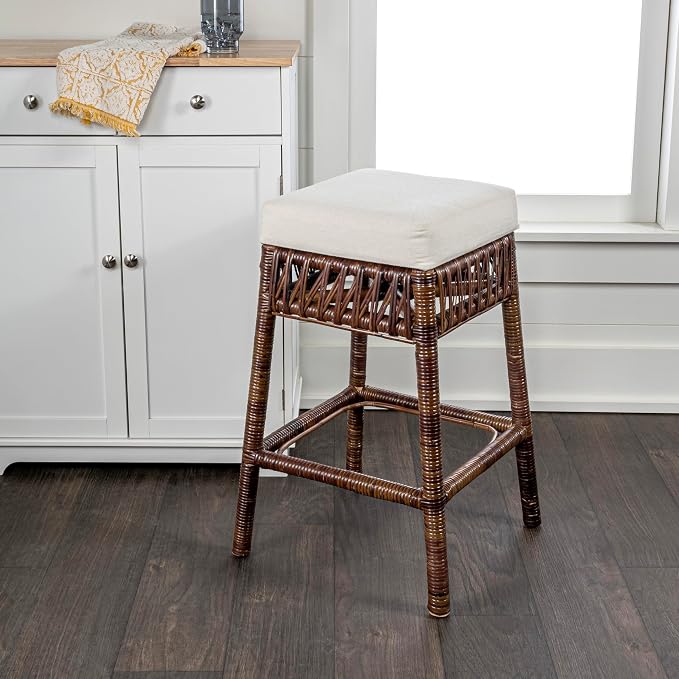 JONATHAN Y Bali 25.6" Woven Rattan Backless Counter Stool with Cushion, Bohemian Dark Brown Stool with Footrest for Kitchen Island, Home Bar, and Dining Room CSL1100A