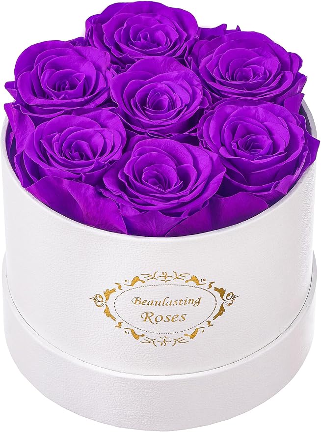Beaulasting Long Lasting Preserved Roses in a Box Last a Year Forever Flowers for Her Mom Wife Anniversary Birthday (Round White Box, Purple)