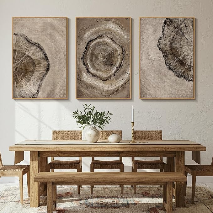 Large Framed Neutral Vintage Wall Art for Living Room, 3 Piece Retro Rustic Tree Ring Prints Canvas Artwork for Walls, Nature Paintings Pictures for Bedroom Hallway Home Office Wall Decor, 24x36 Inch