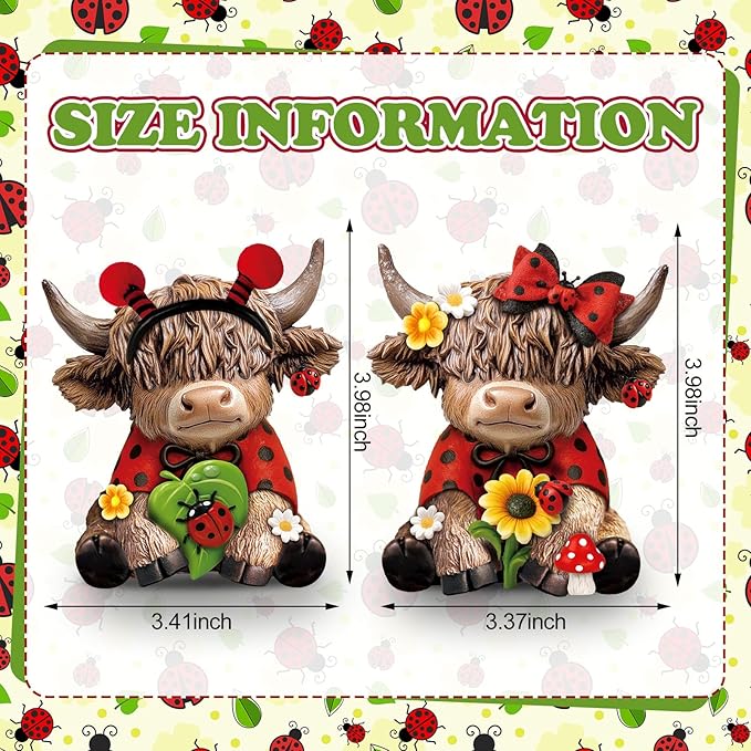 Karenhi 2 Pcs Spring Ladybug Highland Cow Figurines, Summer Ladybird Cute Resin Cow Decoration Statue Calf Gifts for Home Garden Kitchen Office Tiered Tray Table Decor