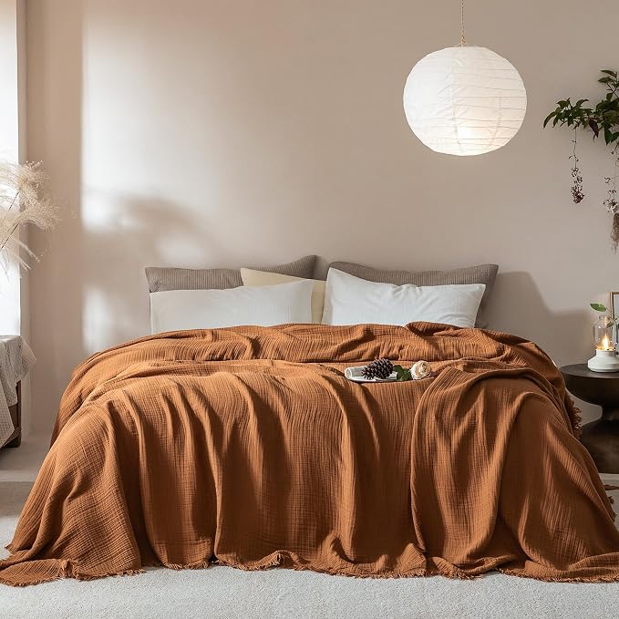 Muslin Fringe Blankets for Adults: 100% Cotton Cloud Soft | 4-Layer Gauze Breathable Lightweight All Season Throw Blanket for Bed Couch Sofa Office