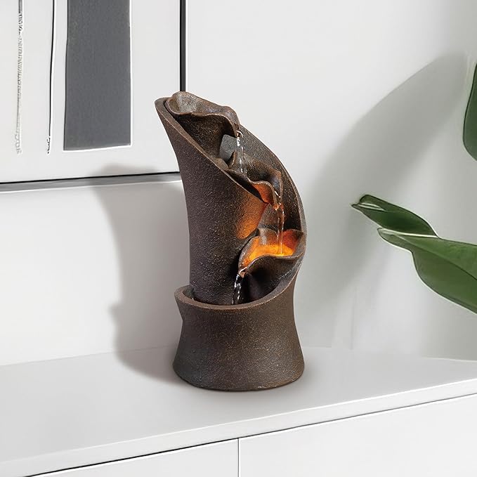 Kalona Tabletop Waterfall Fountain, 3-Tier Indoor Water Fountain for Home Office Decor, Relaxing LED Fountains with Artistic Stone-Look Design for Meditation (23005)