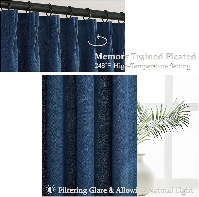 Pinch Pleated Denim Blue Curtains 102 Inches Long for Sliding Glass Doors 2 Panels Set, Modern Natural Linen Blend Memory Trained Pleat Sheer Window Drapes with Hooks Ring for Office 40"W x 102"L Navy